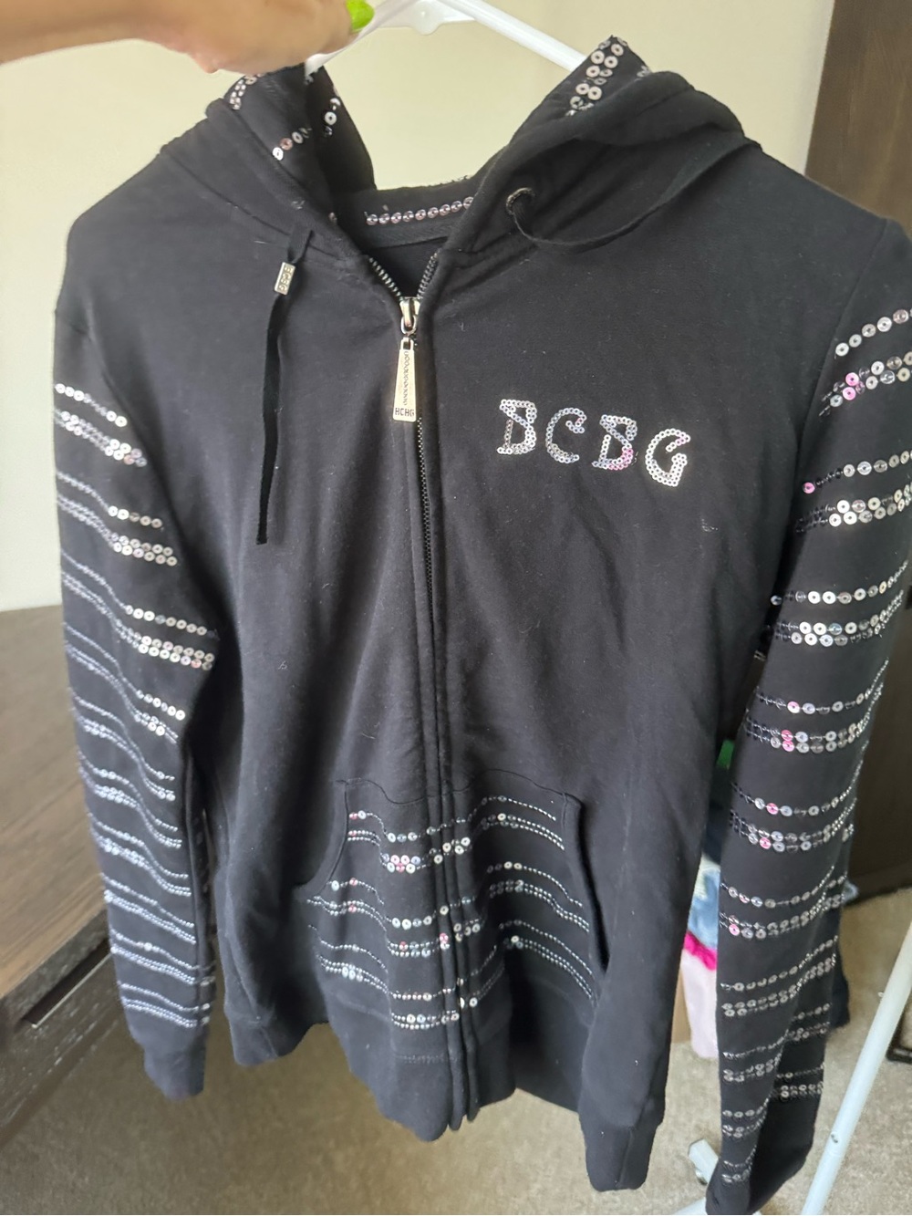 BCBG Black Sequin and Blinged out Zip Hoodie